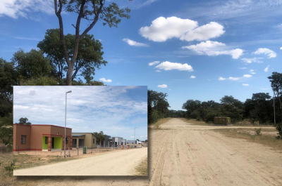 Eenhana serviced land, before and after. Following development of serviced land by a PPP financed by Development Bank of Namibia, Eenhana residents have been able to begin constructing homes on Portion 5.