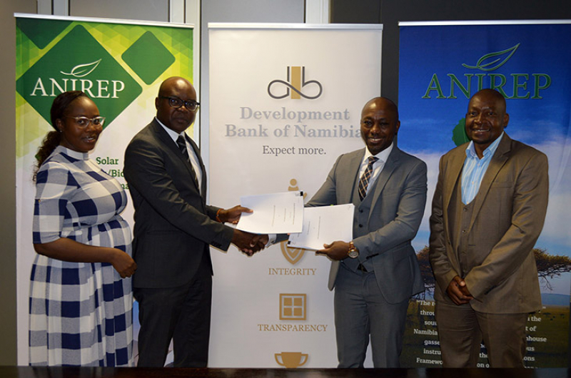 Another 20 MW for renewable generation; Development Bank of Namibia has financed an additional 20 MW of solar power generation. At the signing of the agreement are FLTR Metilde Nambahu (DBN Portfolio Manager responsible for the deal), Martin Inkumbi (DBN CEO), Iyaloo Nangolo, (Managing Director, ANIREP) and James Nyandoro (Chief Financial Officer, ANIREP).