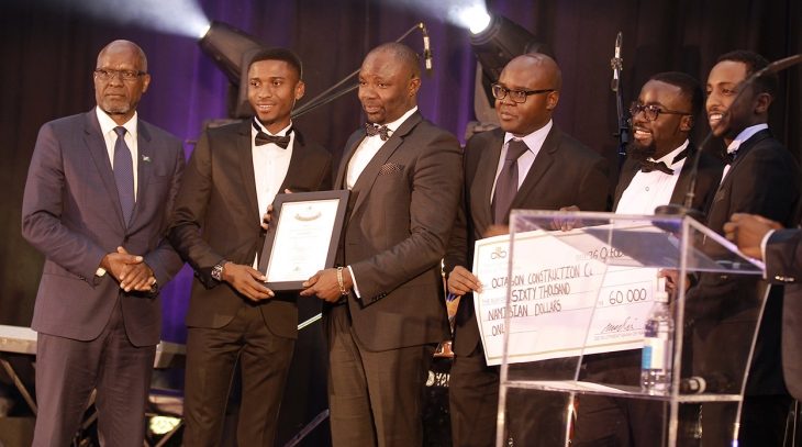 At the Development Bank of Namibia Good Business Awards, held on 26 October 2016, Octagon Construction received the Emerging Enterprise Award from Hon. Tom Alweendo, Minister in Charge of the National Planning Commission. The company, a construction enterprise which operates across Namibia, received finance from the Bank. Pictured FLTR are Minister Tom Alweendo, George Hainana (Octagon), Indileni Kandele (Octagon), DBN CEO Martin Inkumbi, Lukas Betwel (Octagon) and Bruh Ayele (Octagon)