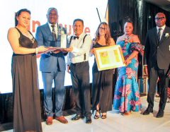  Flashback to the 2019 Good Business Award, winner of the Development Bank of Namibia 2019 Good Business Awards SME category, Ian Shuttle. Presenting the Award were Economic Adviser to the Minister of Finance, Penda Ithindi and former Chairperson of the DBN Board, Tania Hangula, with DBN CEO Martin Inkumbi looking on.